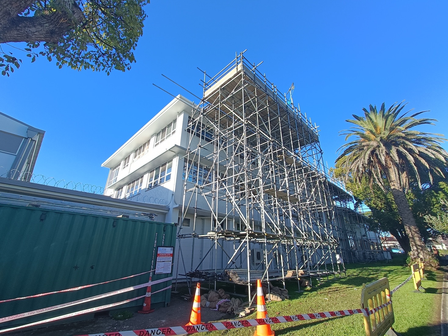 L'Hermitage building-St Paul's College, Grey Lynn, scaffolding erected for roof replacement project